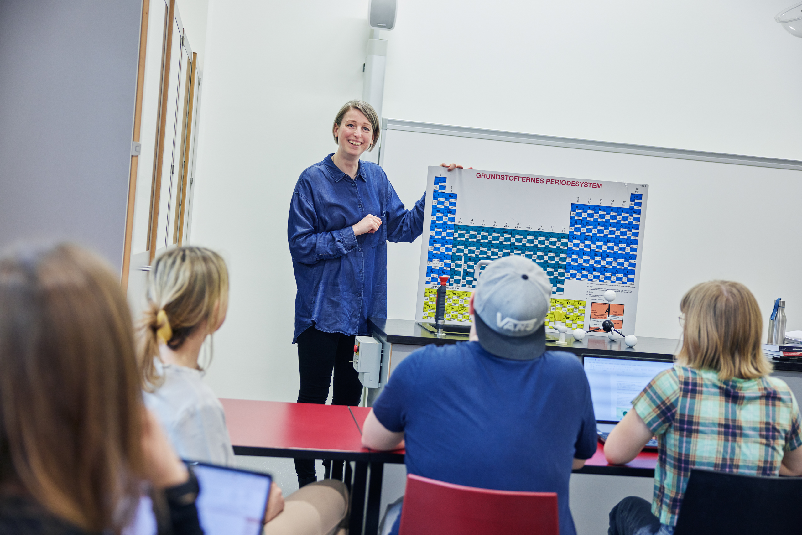 underviser viser noget til elever på computer 